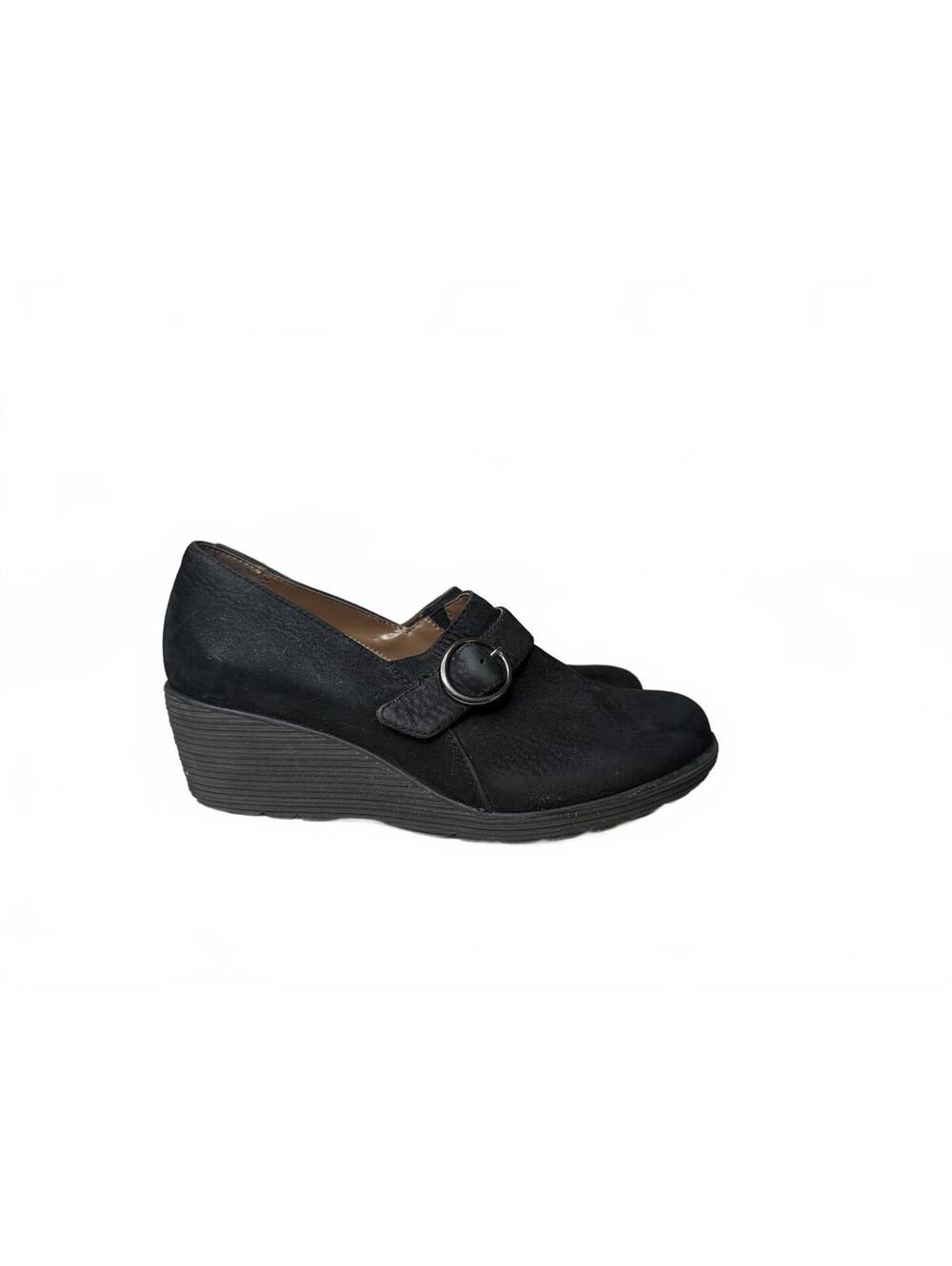 Dansko Women's Clio Wedge Shoes Black Nubuck Leather Silver Buckle Strap Size 39